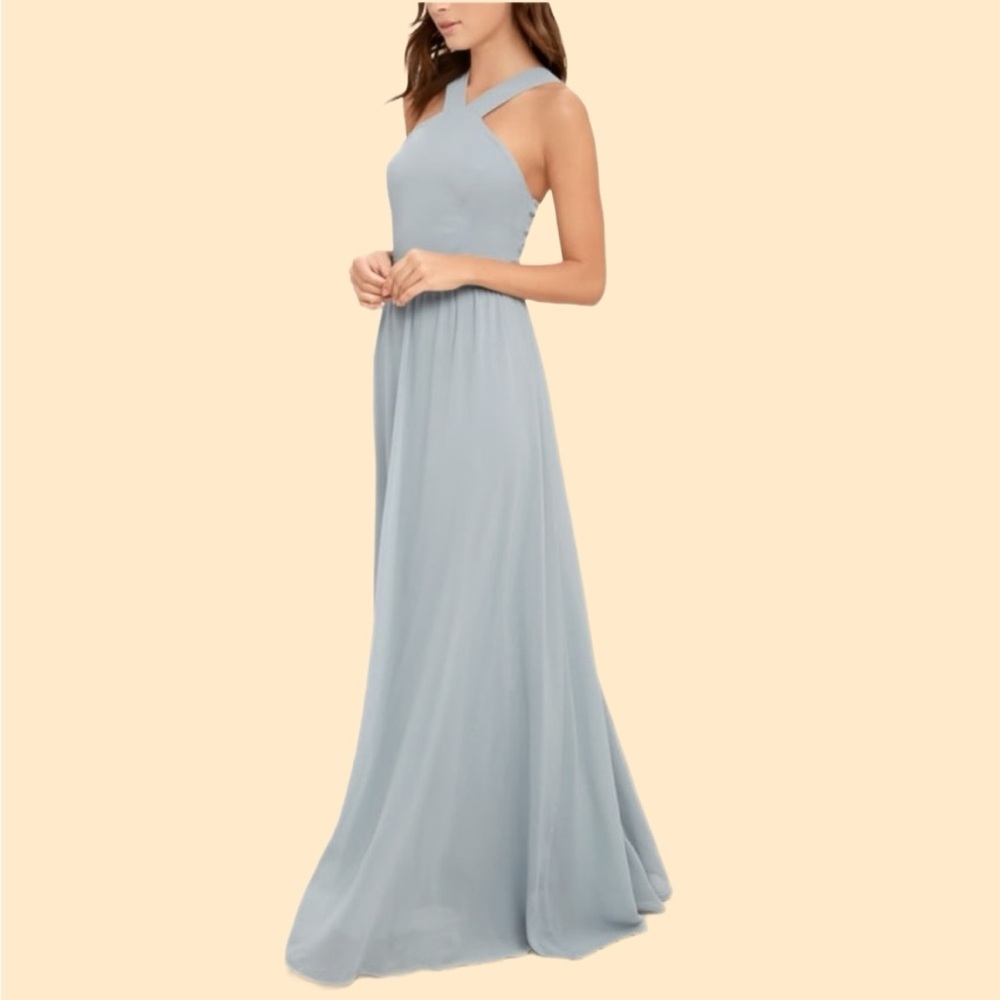 Lulus Air of Romance Maxi Dress M Slate Blue Sky Blue Chiffon Full Length Halter